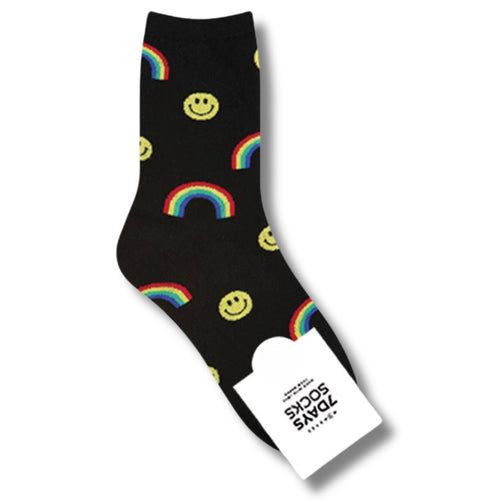 Smile and Rainbow Pattern Women's Crew Socks in Black | Gay Pride [Size 5-10]