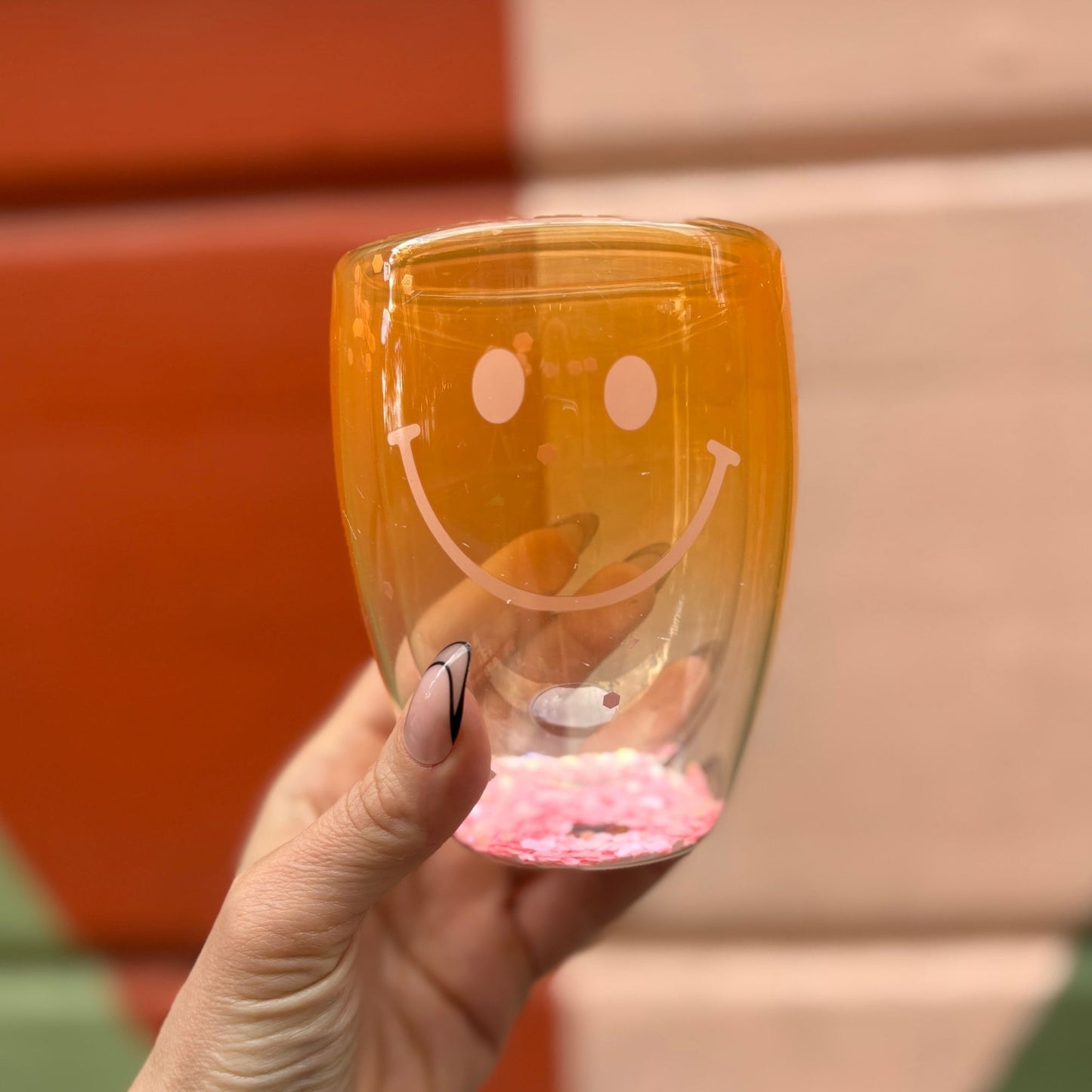 Smiley Face Double-Wall Stemless Wineglass in Yellow Ombre | 80s Cocktail Wine Confetti Glass 10oz
