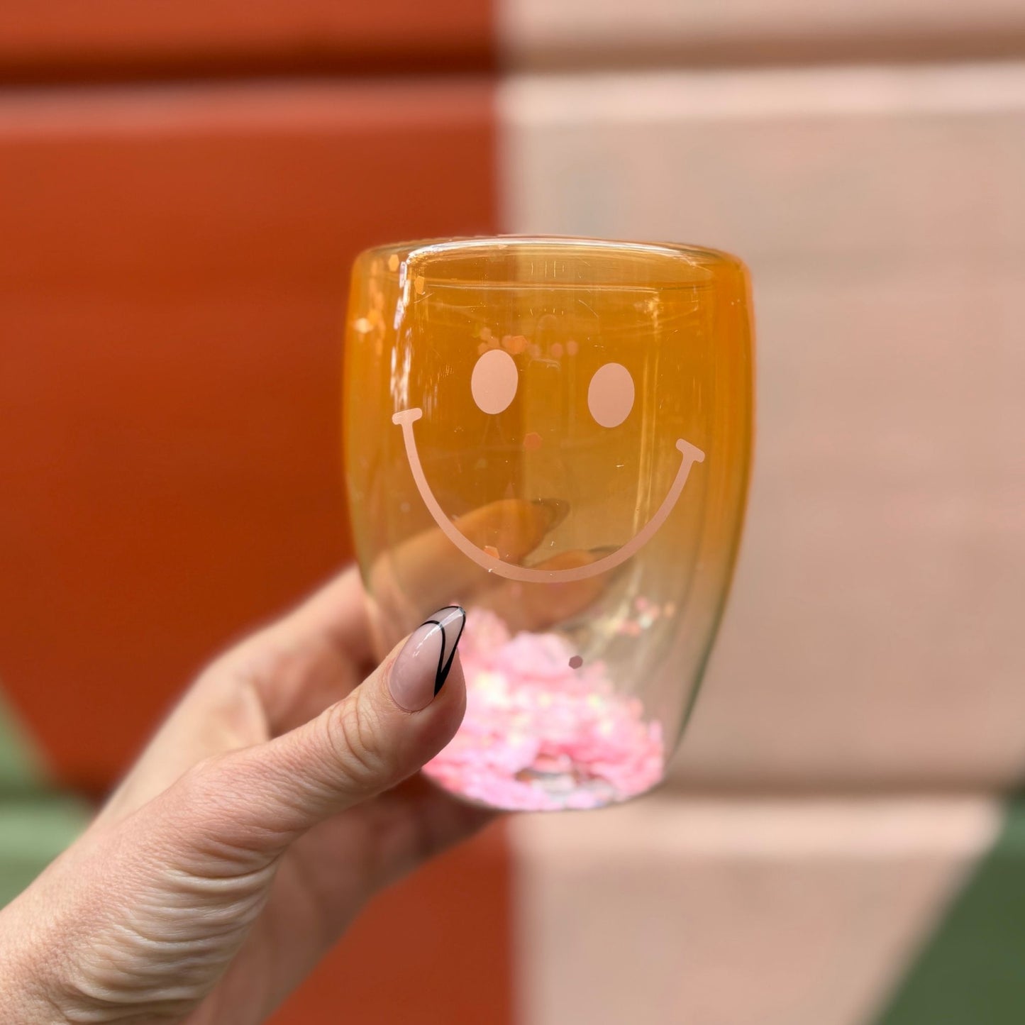 Smiley Face Double-Wall Stemless Wineglass in Yellow Ombre | 80s Cocktail Wine Confetti Glass 10oz