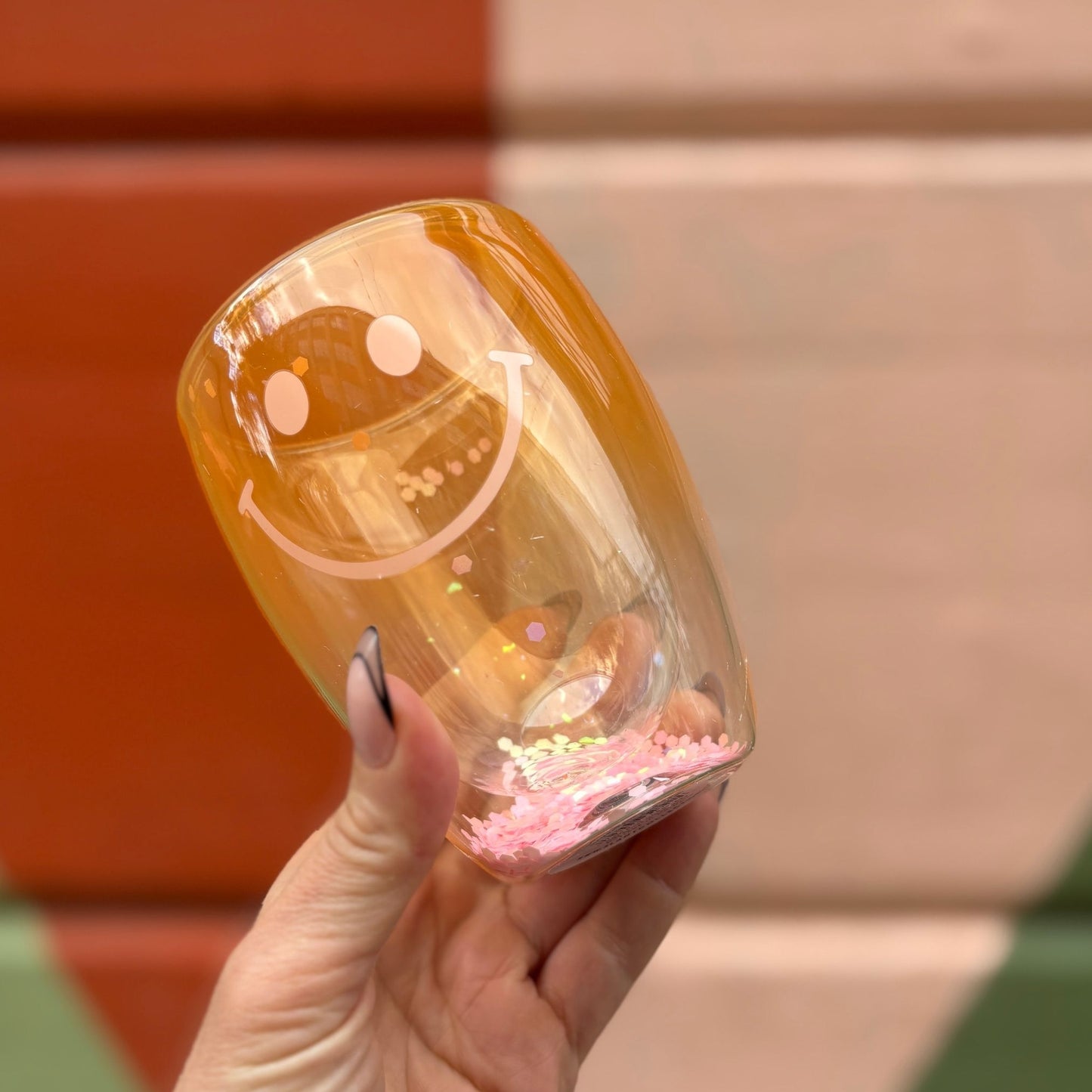 Smiley Face Double-Wall Stemless Wineglass in Yellow Ombre | 80s Cocktail Wine Confetti Glass 10oz