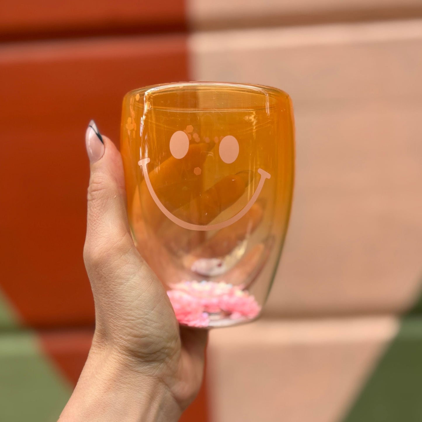 Smiley Face Double-Wall Stemless Wineglass in Yellow Ombre | 80s Cocktail Wine Confetti Glass 10oz