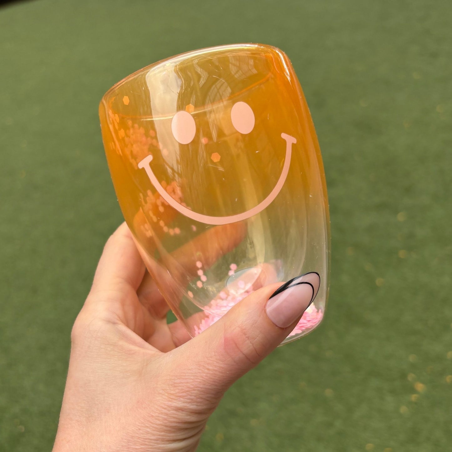 Smiley Face Double-Wall Stemless Wineglass in Yellow Ombre | 80s Cocktail Wine Confetti Glass 10oz