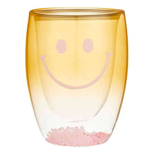 Smiley Face Double-Wall Stemless Wineglass in Yellow Ombre | 80s Cocktail Wine Confetti Glass 10oz
