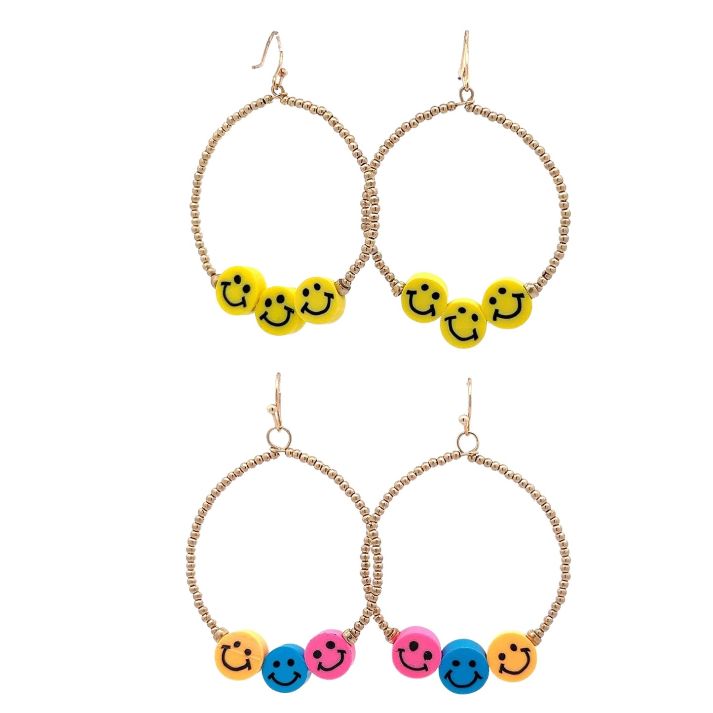 Smiley Face Hoop Earrings | Fun Colorful Statement Earrings | Multicolor or Yellow Options