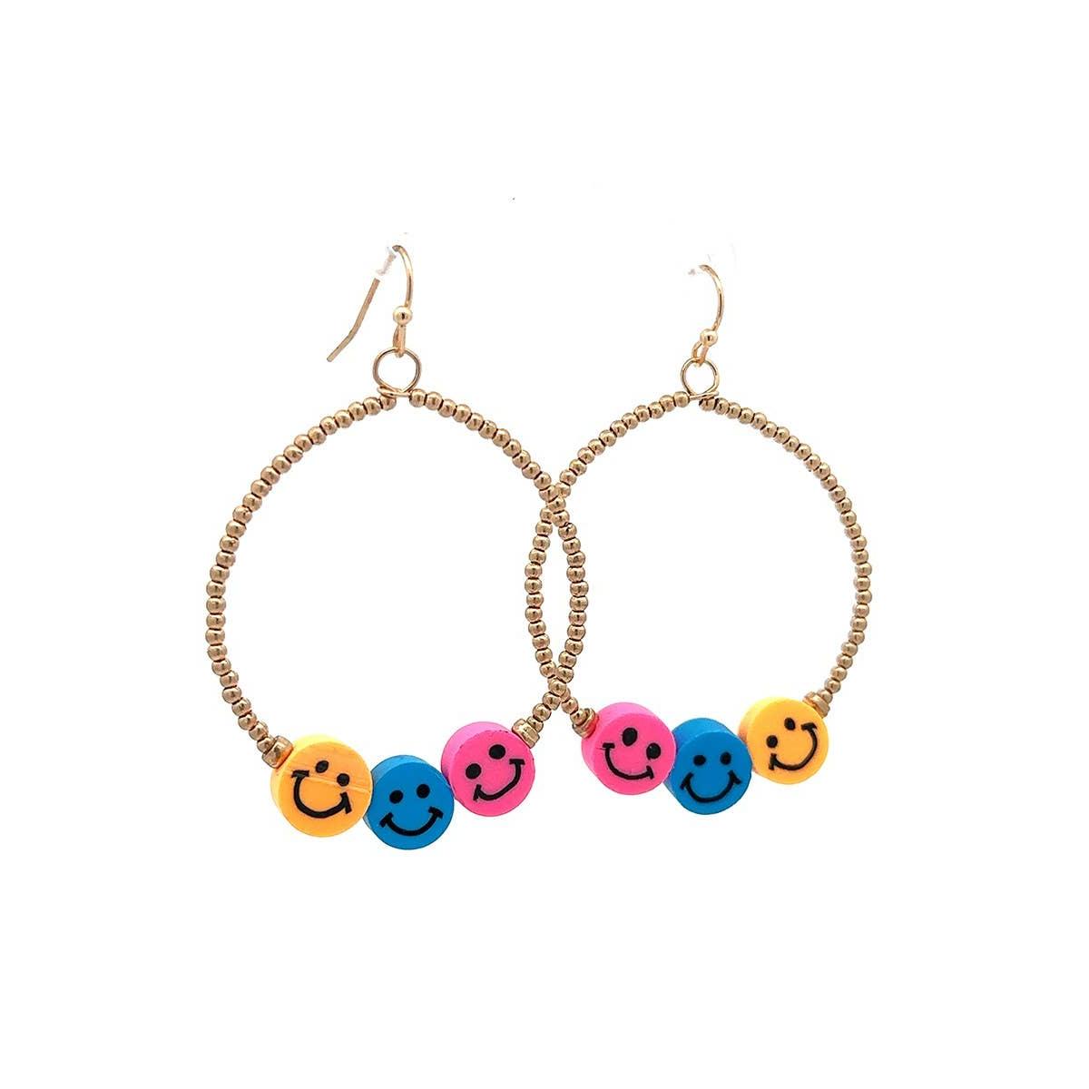 Smiley Face Hoop Earrings | Fun Colorful Statement Earrings | Multicolor or Yellow Options