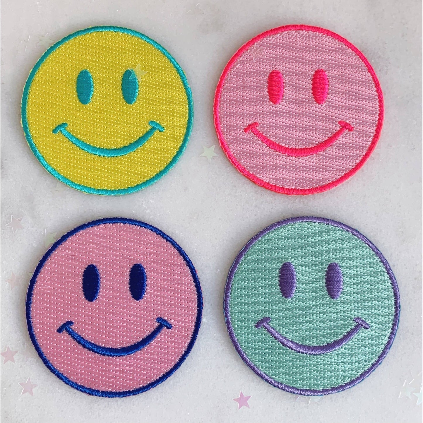 Smiley Face Patch in Pink-Neon Pink, Mint or Yellow | Fully Embroidered 80's Smiley Icon