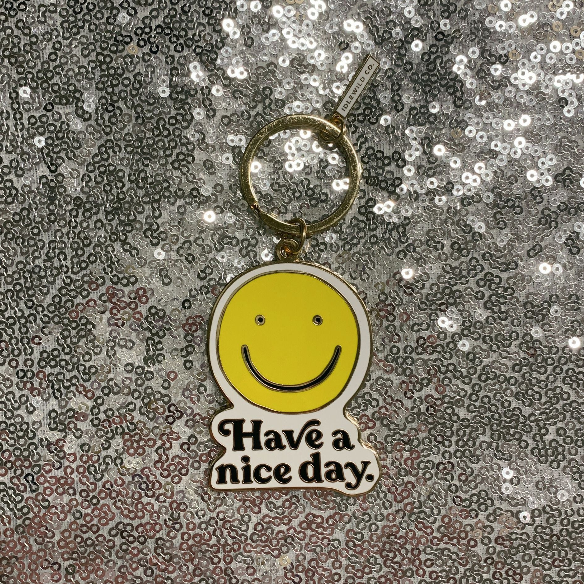 Smiley "Have a Nice Day" Brass and Enamel Keychain | Emoji Face Key Ring Holder