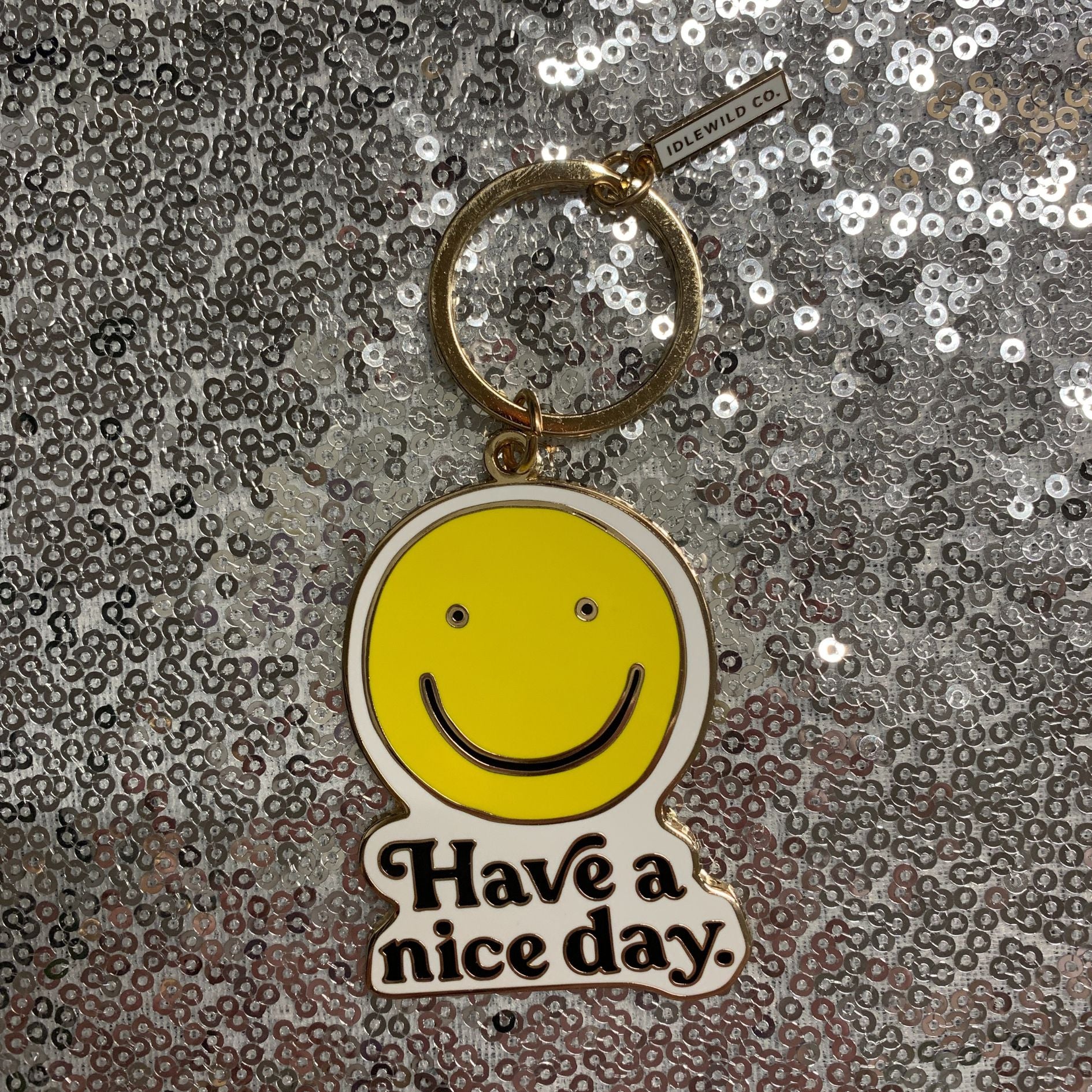 Smiley "Have a Nice Day" Brass and Enamel Keychain | Emoji Face Key Ring Holder