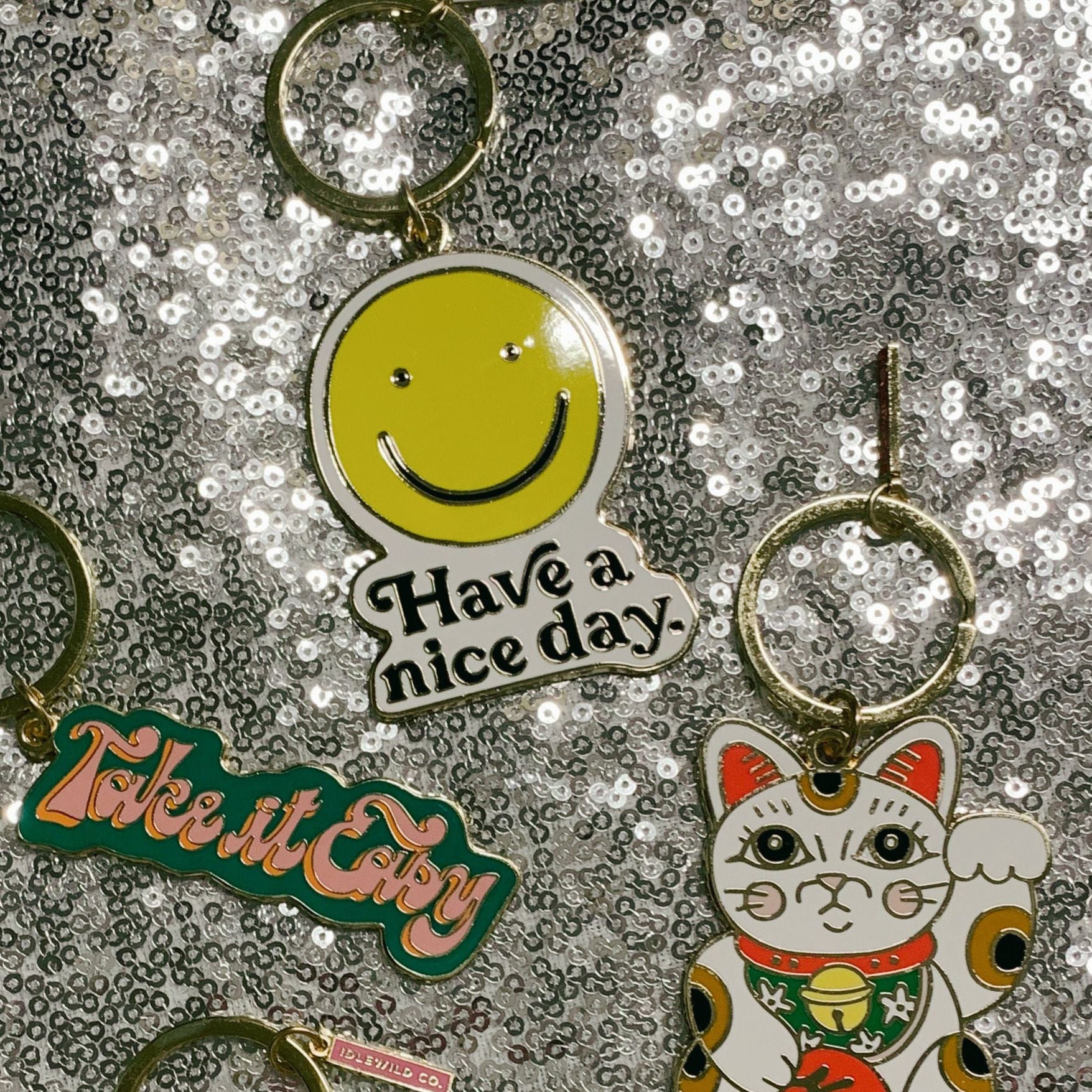 Smiley "Have a Nice Day" Brass and Enamel Keychain | Emoji Face Key Ring Holder