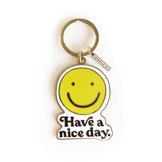 Smiley "Have a Nice Day" Brass and Enamel Keychain | Emoji Face Key Ring Holder