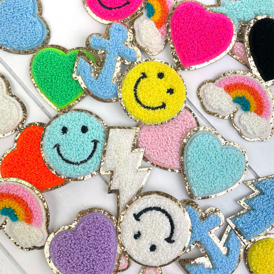 Smiley & Heart Icons Chenille Self-Adhesive Patches | Decorative DIY Stick On Patches