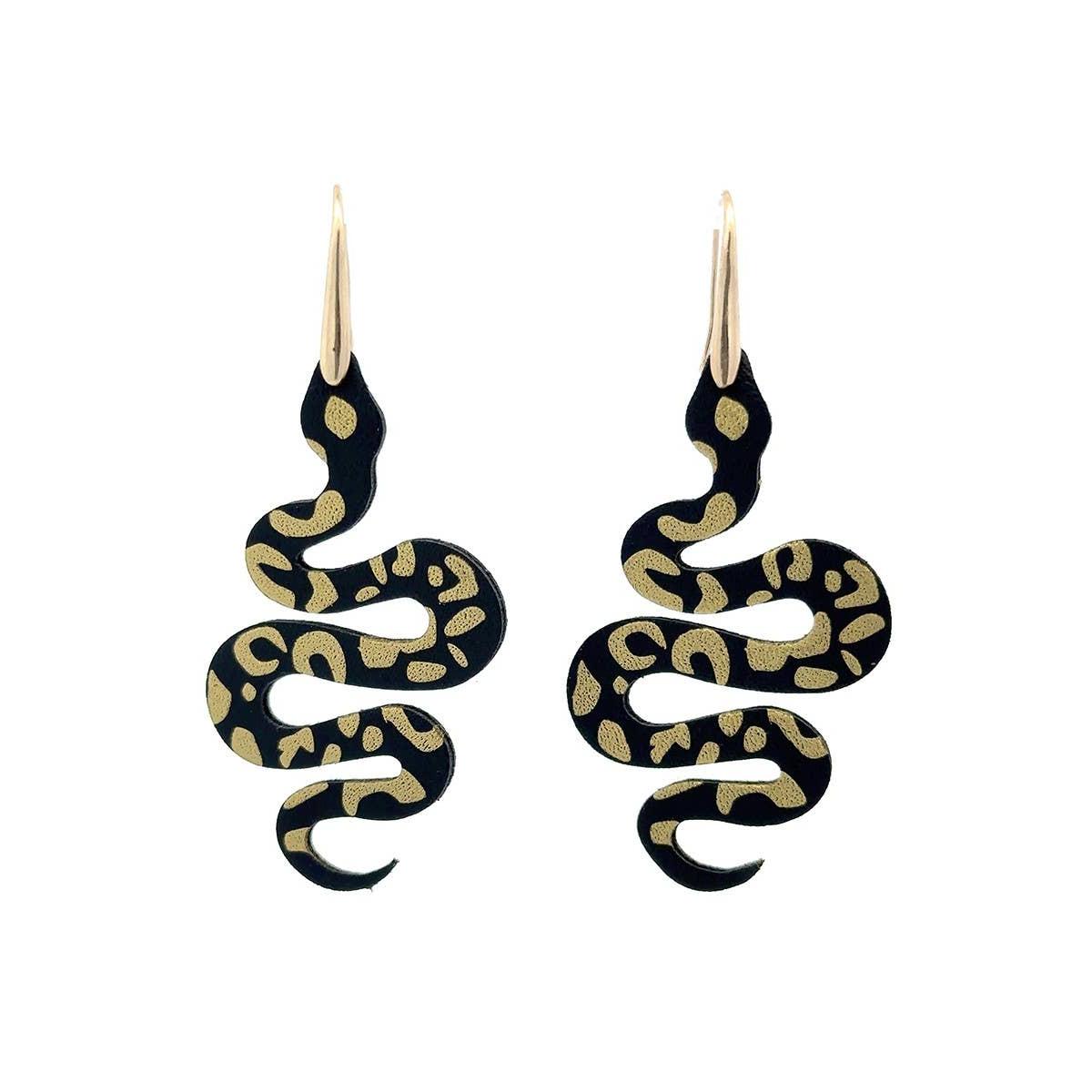 Snake Hook Dangle Statement Earrings | Brown and Jet Black Serpent Earrings