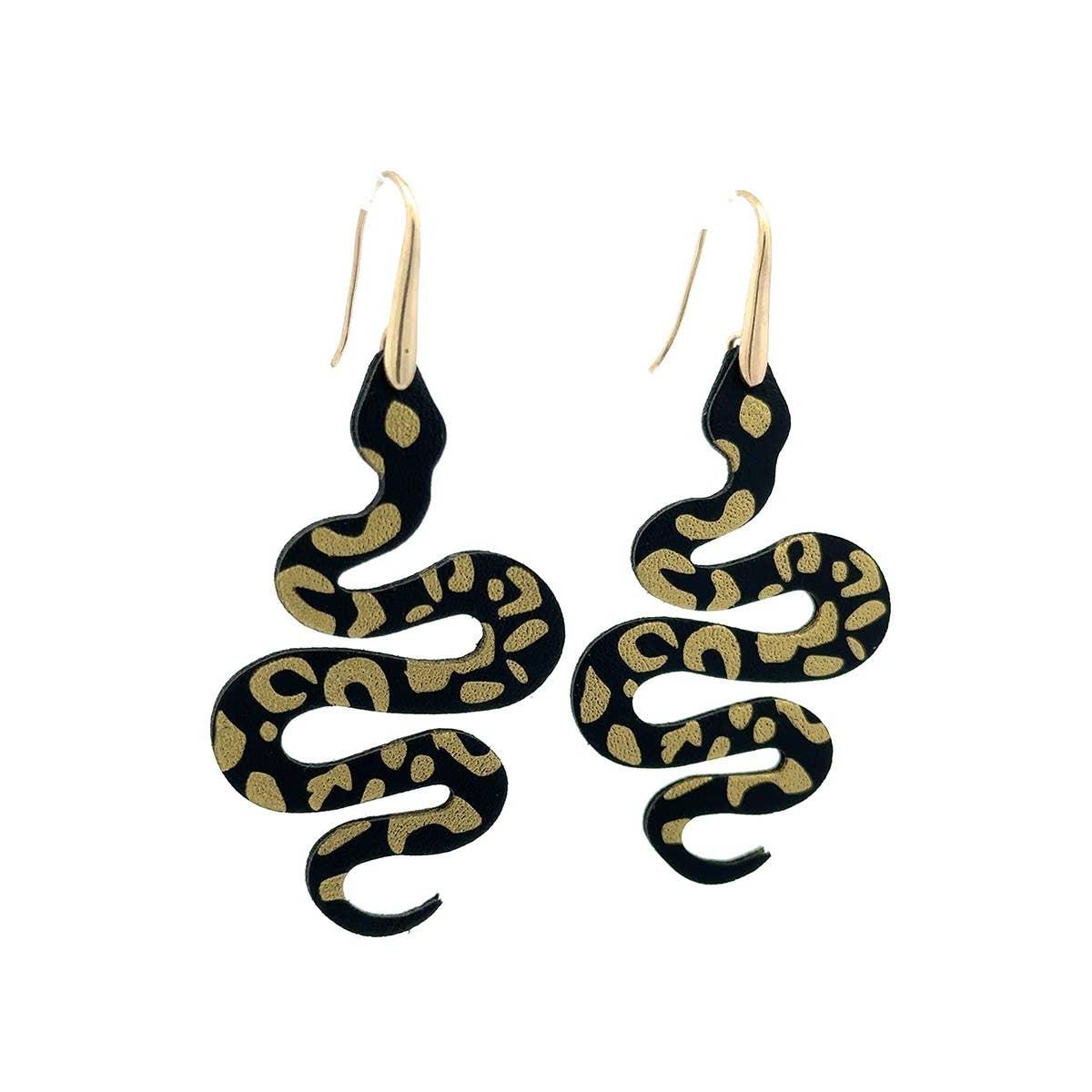 Snake Hook Dangle Statement Earrings | Brown and Jet Black Serpent Earrings