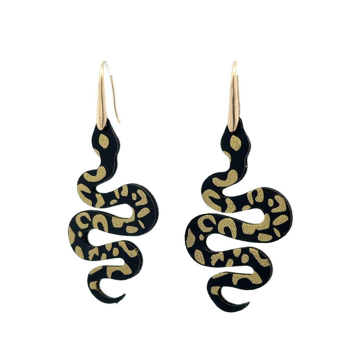 Snake Hook Dangle Statement Earrings | Brown and Jet Black Serpent Earrings