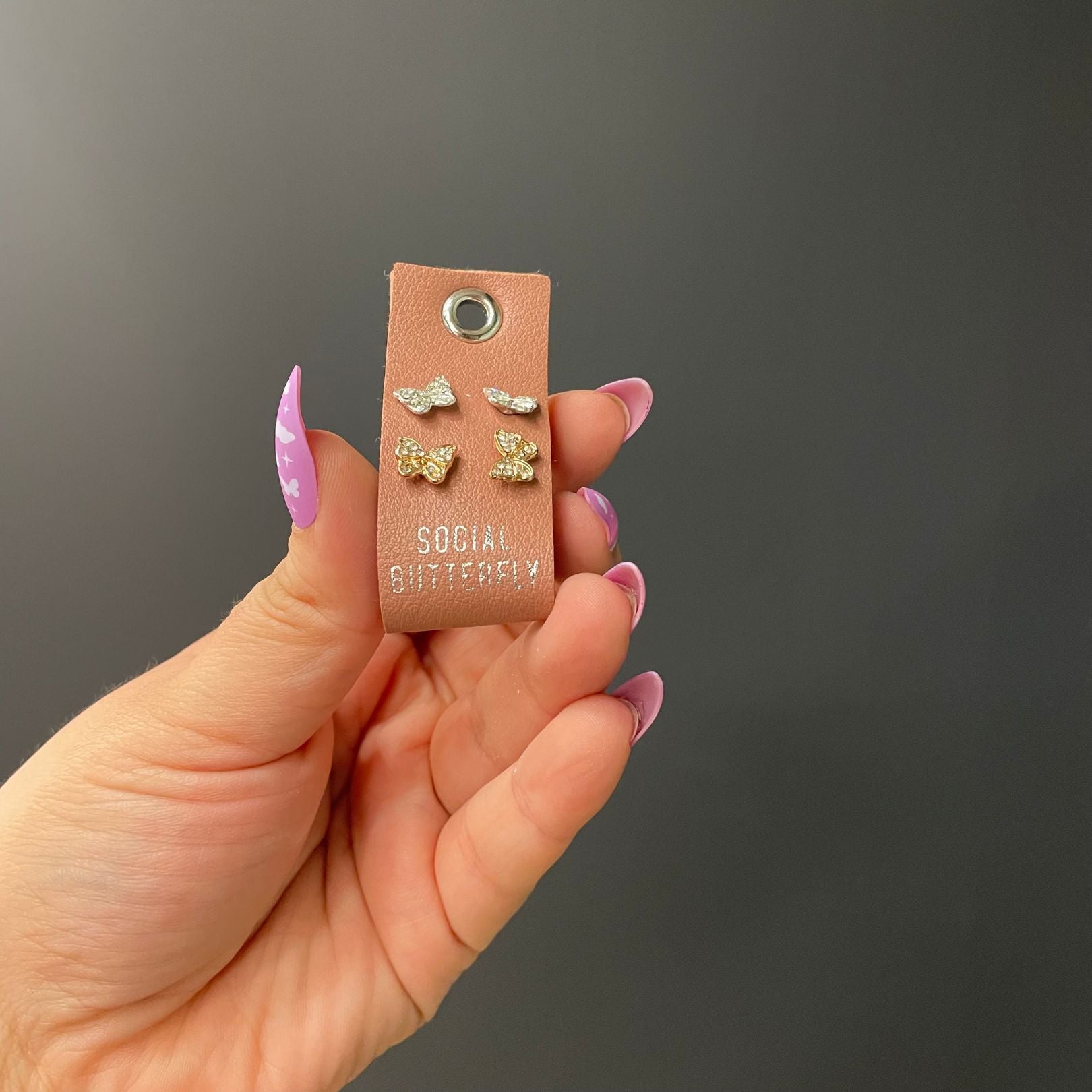 Social Butterfly Silver and Gold Rhinestone Stud Earrings Set | 2 Pairs on a Gift Tag