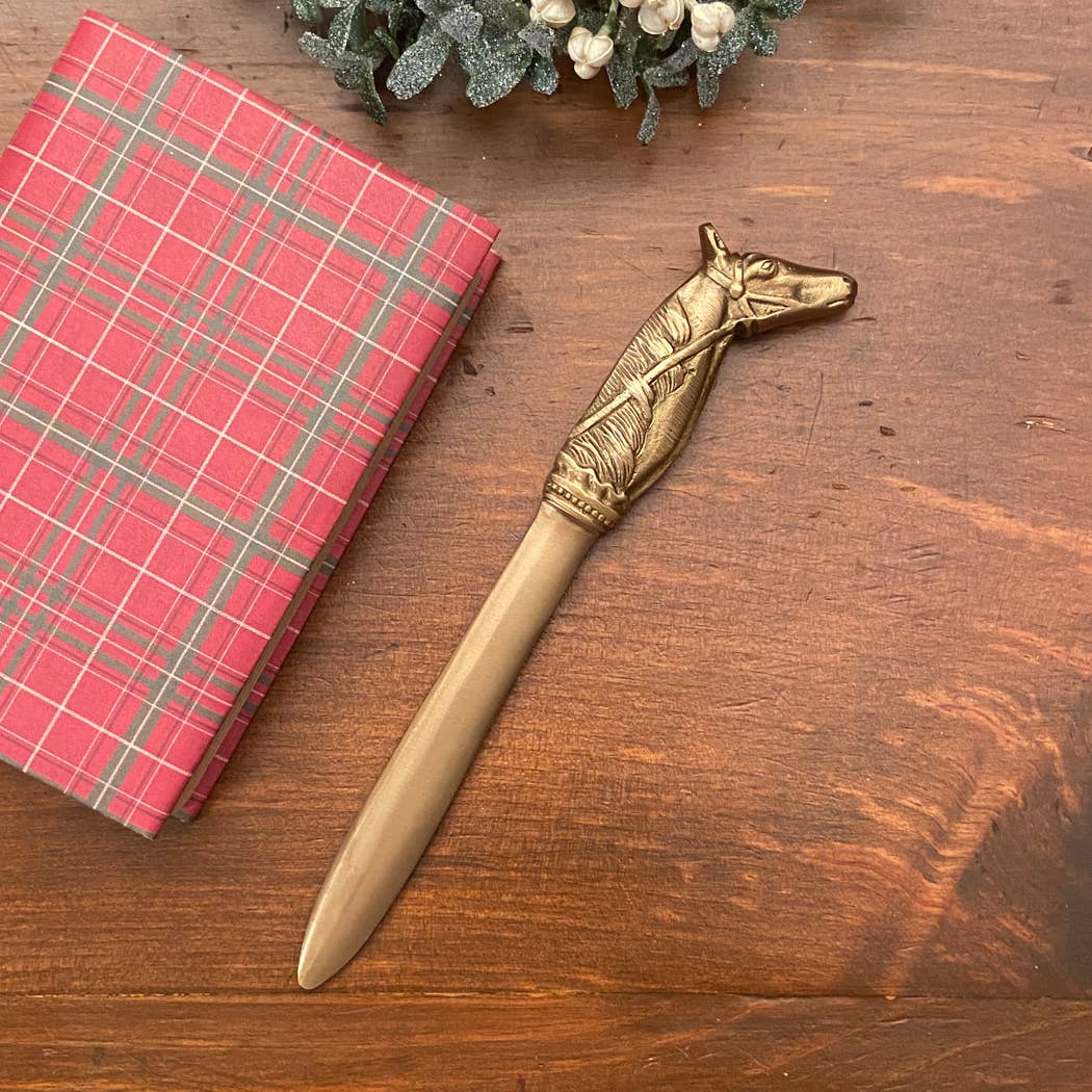 Solid Brass Antiqued Horsehead Letter Opener Men's Gift | 9" Knife Mail Envelope Opener Staple Remover