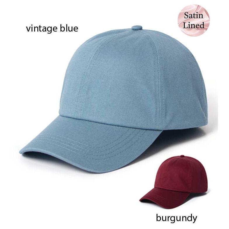 Solid Cotton Baseball Cap with Satin Lining in Vintage Blue or Burgundy