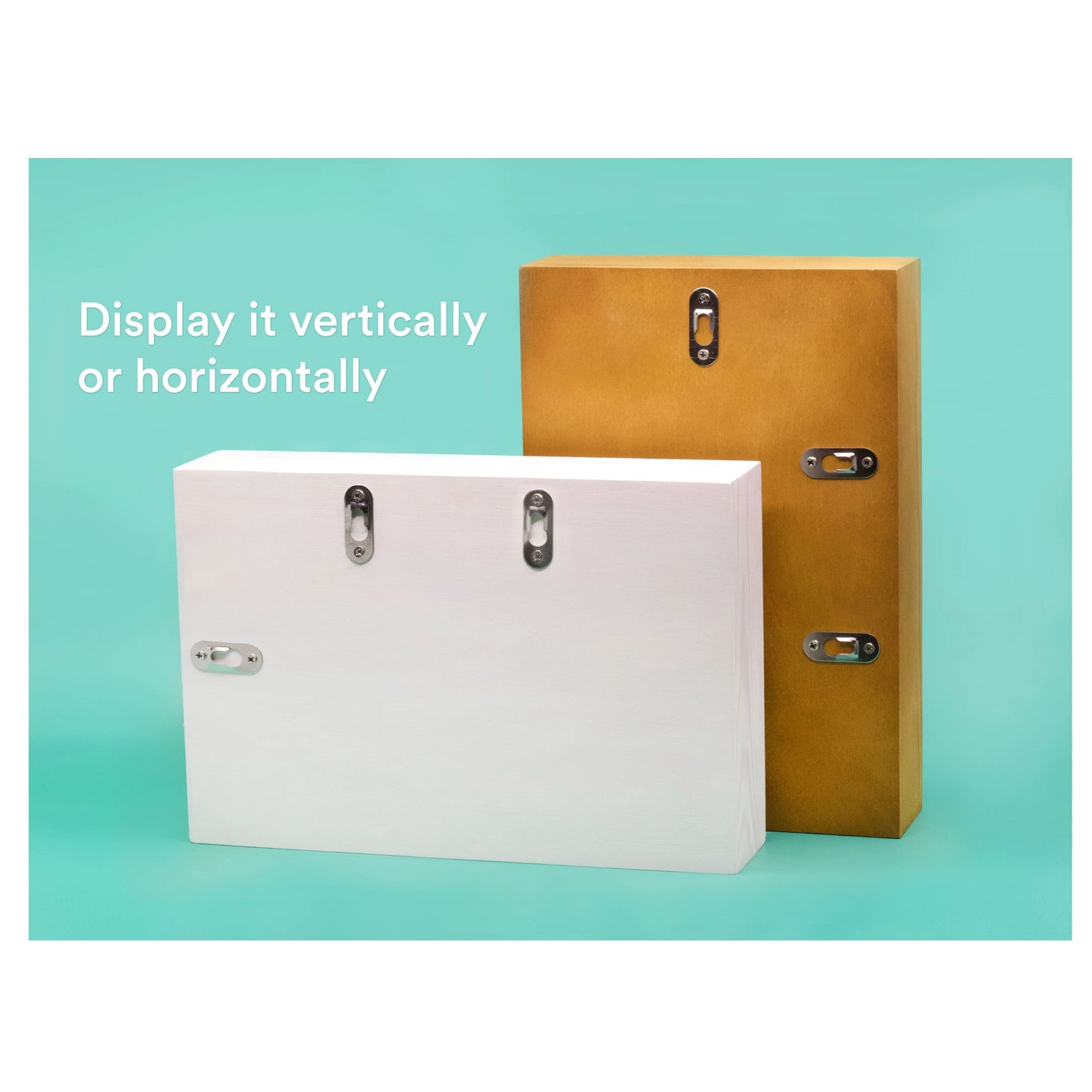 Two storage boxes, one white and one brown, on a teal background with text indicating display options.