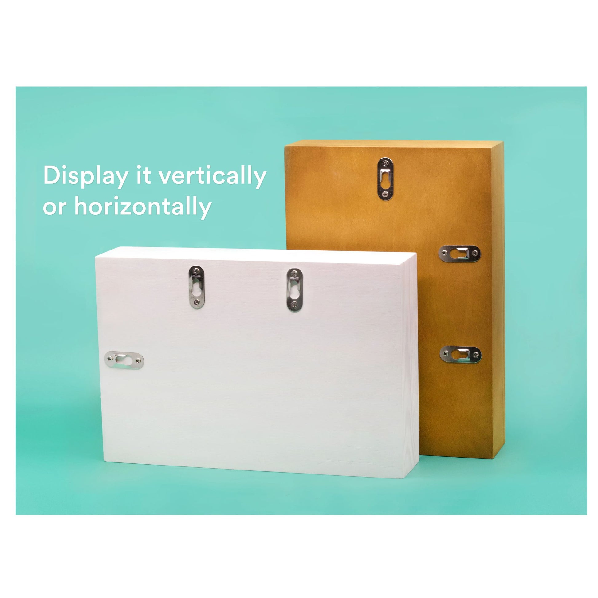 Two storage boxes, one white and one brown, on a teal background with text indicating display options.