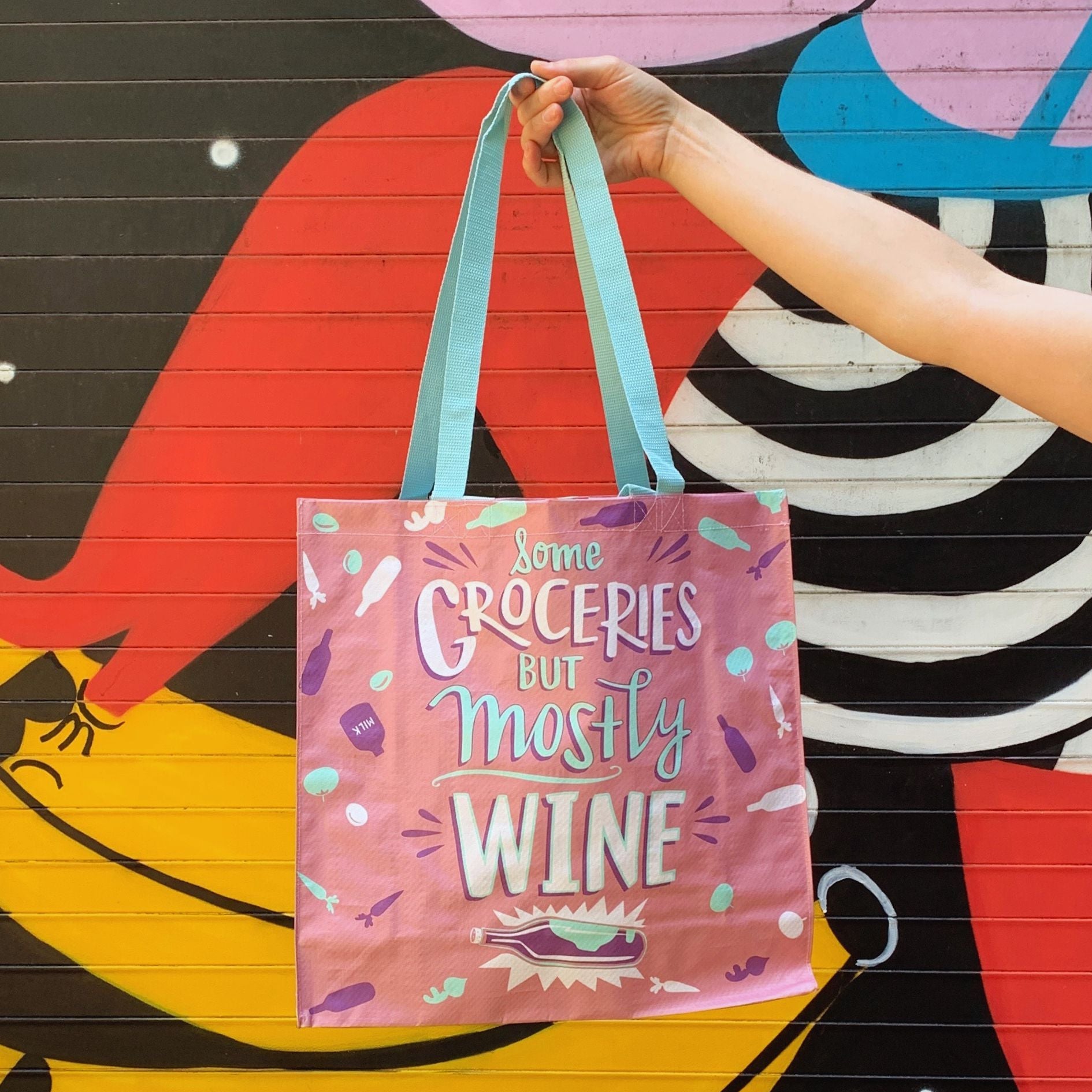 Some Groceries But Mostly Wine Large Market Tote Bag in Pink and Blue | 15.50" x 15.25" x 6"