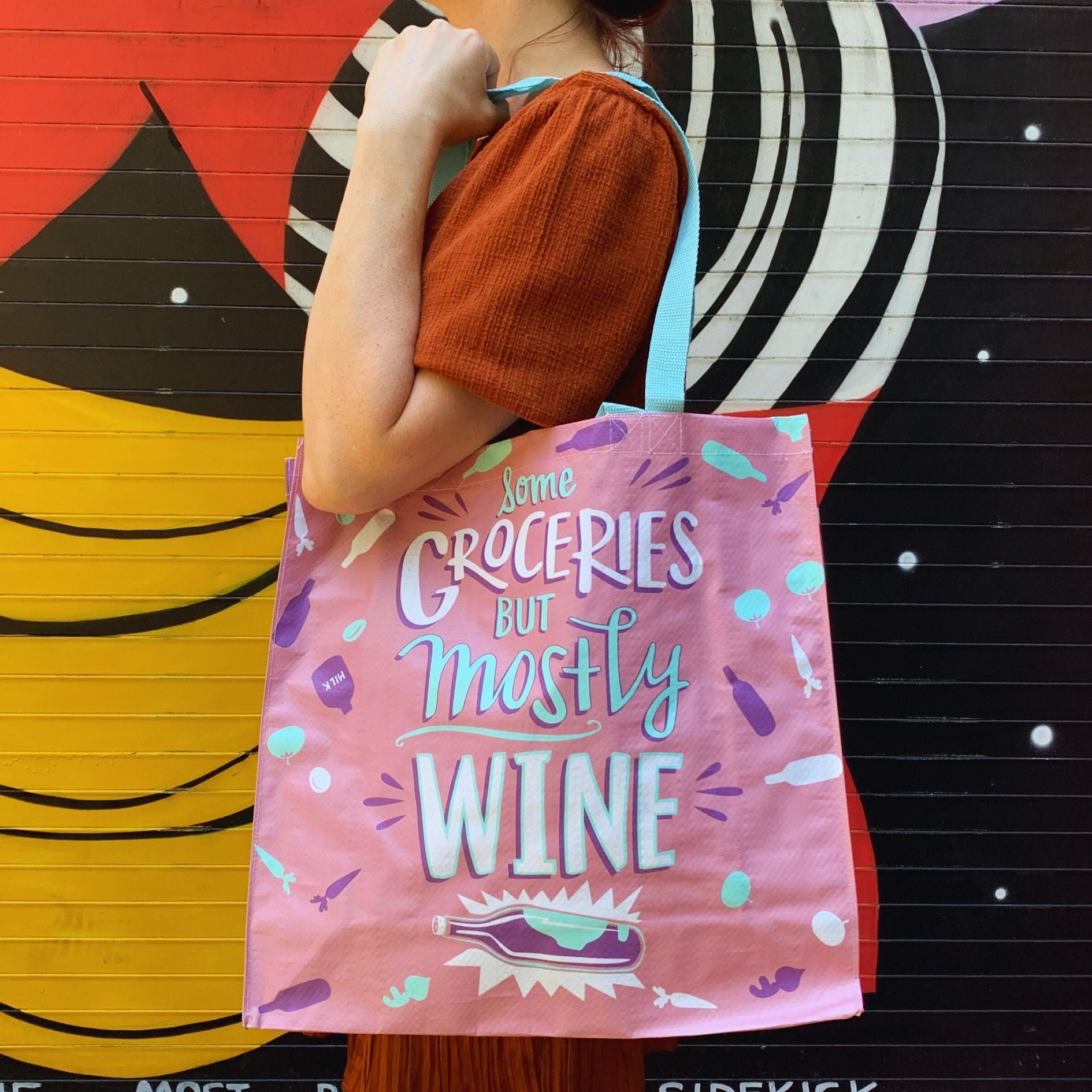 Some Groceries But Mostly Wine Large Market Tote Bag in Pink and Blue The Bullish Store