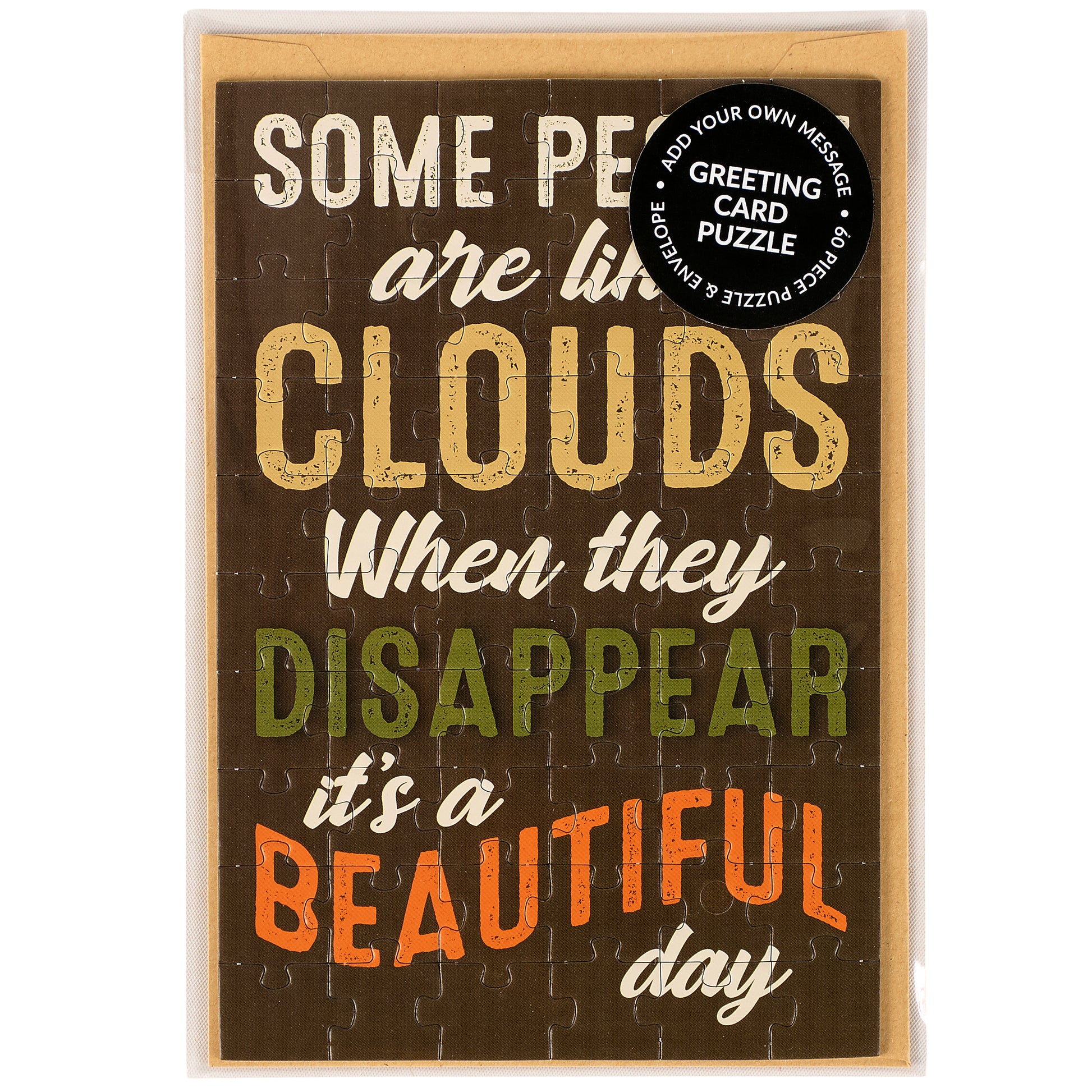 Greeting card puzzle with sarcastic quote on a brown background