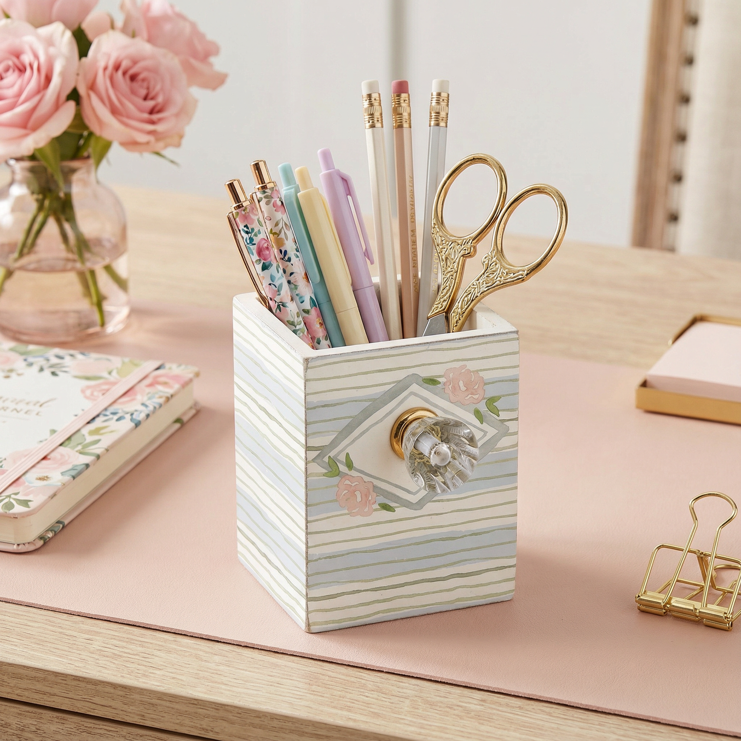 Something Blue Wooden Pen Holder with Diamond Style Drawer Pull | Gift for Her