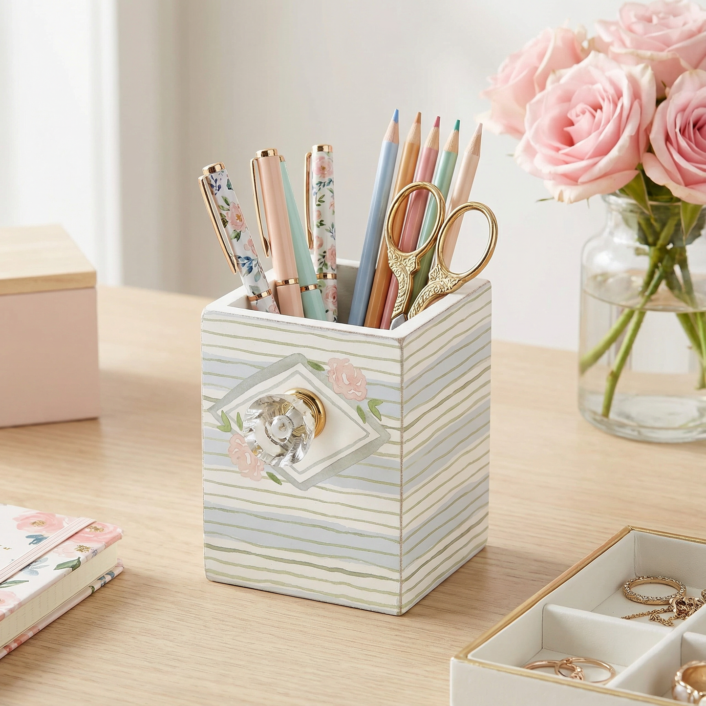 Something Blue Wooden Pen Holder with Diamond Style Drawer Pull | Gift for Her