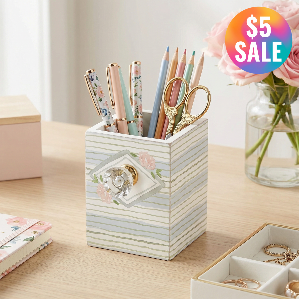 Something Blue Wooden Pen Holder with Diamond Style Drawer Pull | Gift for Her