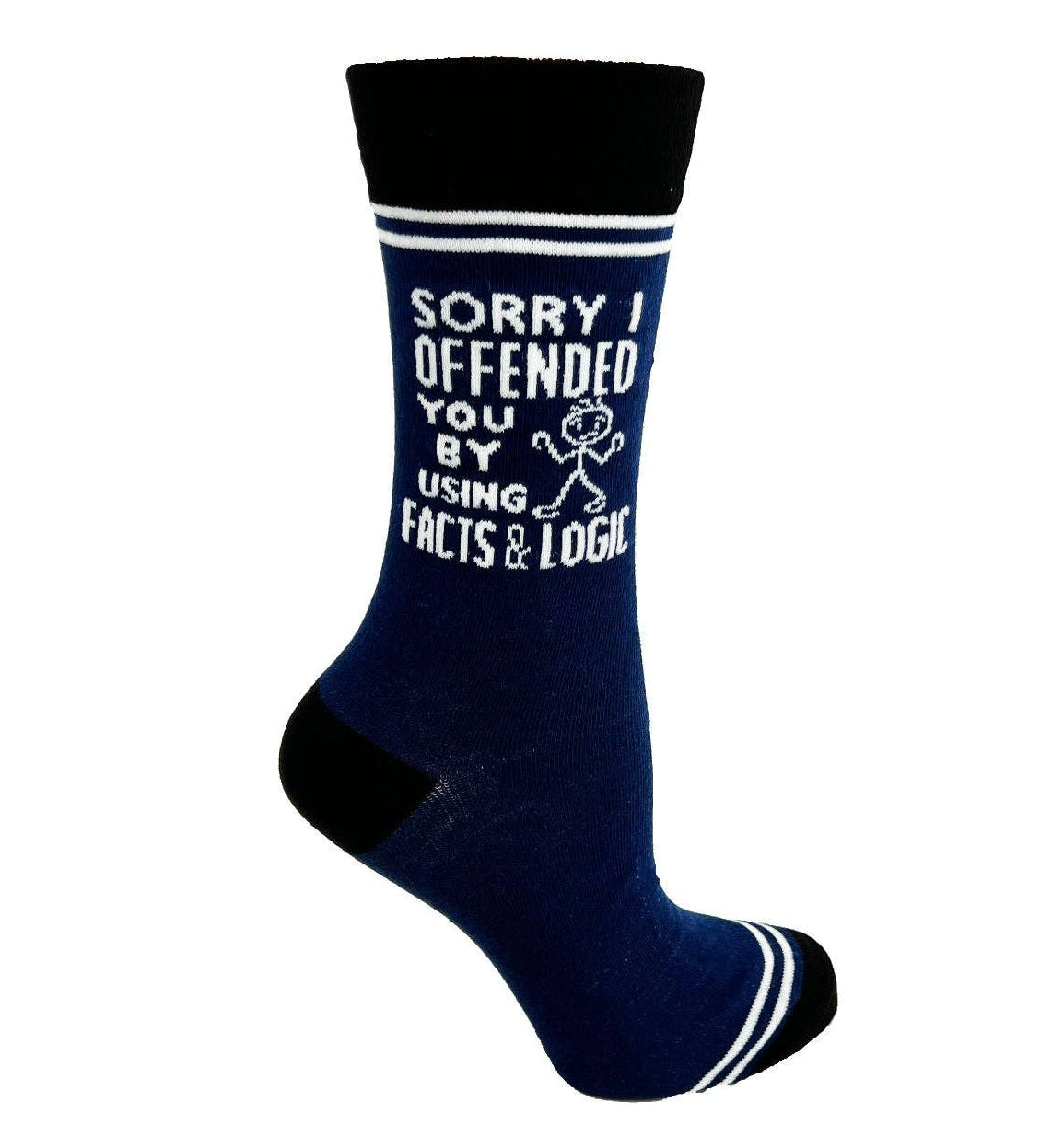 Navy blue sock with text and white accents