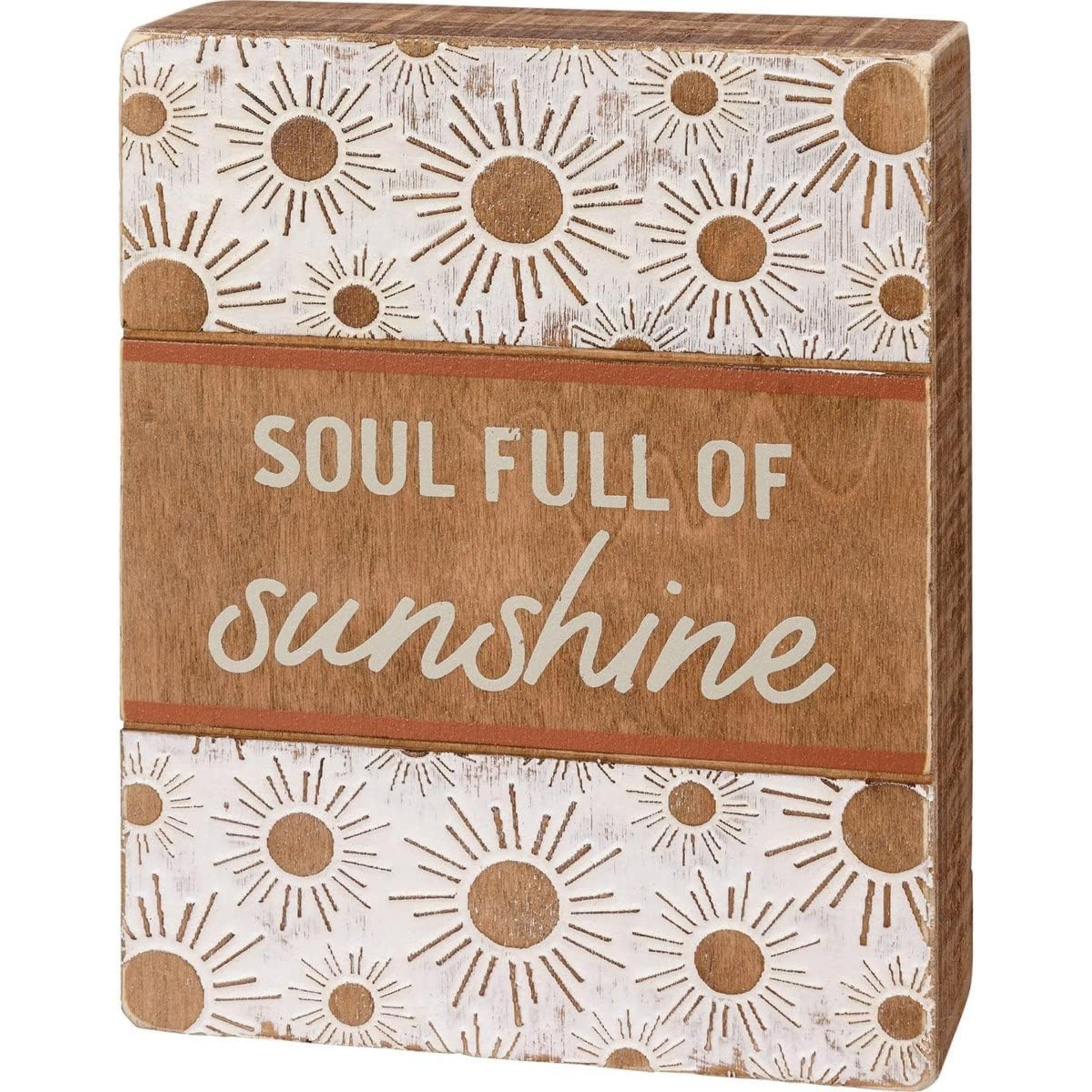 Decorative wooden box with sun pattern and 'Soul Full of Sunshine' text
