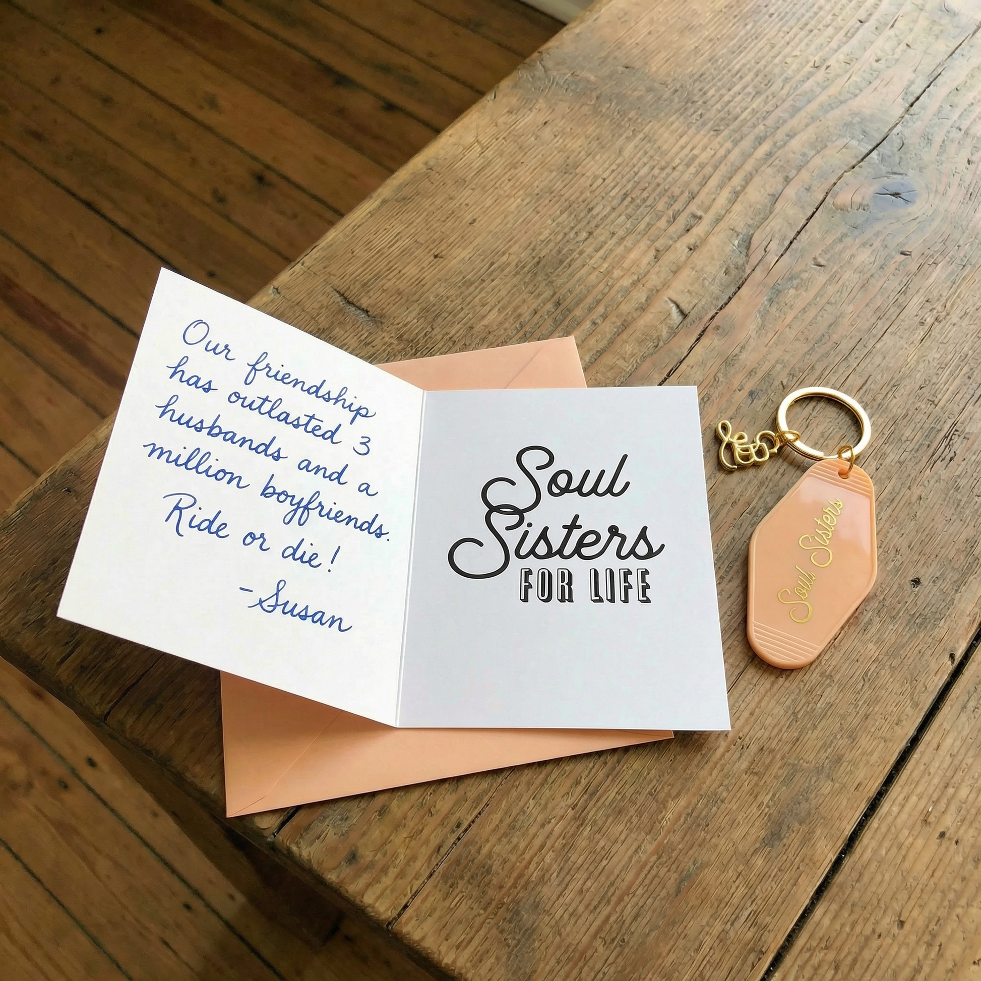 Soul Sisters Motel Style Keychain with Greeting Card | Gift for Her