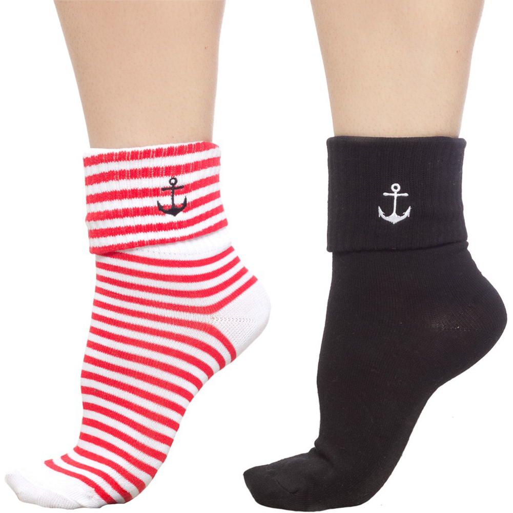 Two pairs of socks with anchor design, one red and white striped, the other black.
