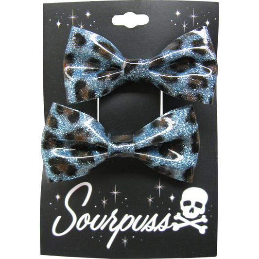 Sourpuss Blue Leopard Glitter Hair Bows Set of 2 | Rockabilly Hair Accessories Leopard Print Hair Clips