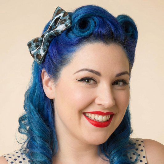 Sourpuss Blue Leopard Glitter Hair Bows Set of 2 | Rockabilly Hair Accessories Leopard Print Hair Clips