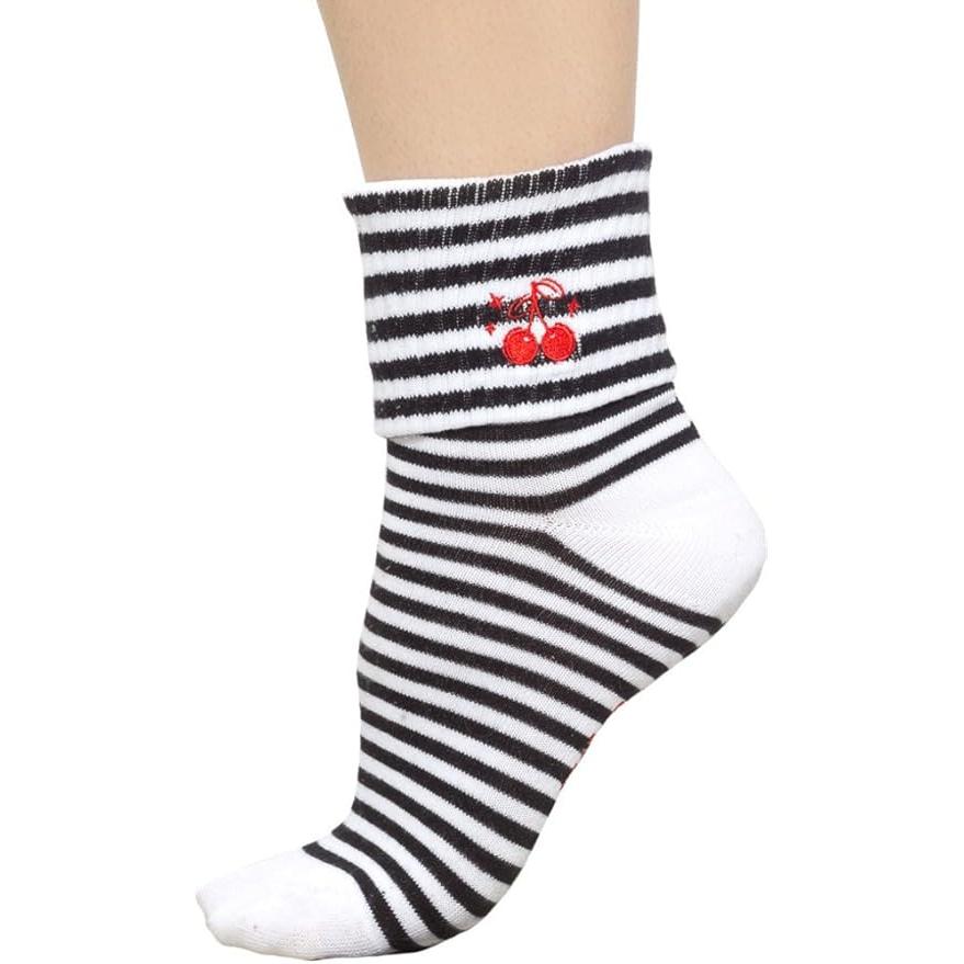 Sourpuss Cherries Socks in Set of Two | Women’s Black & White Striped and Solid Black Cherry Socks Size 5-10