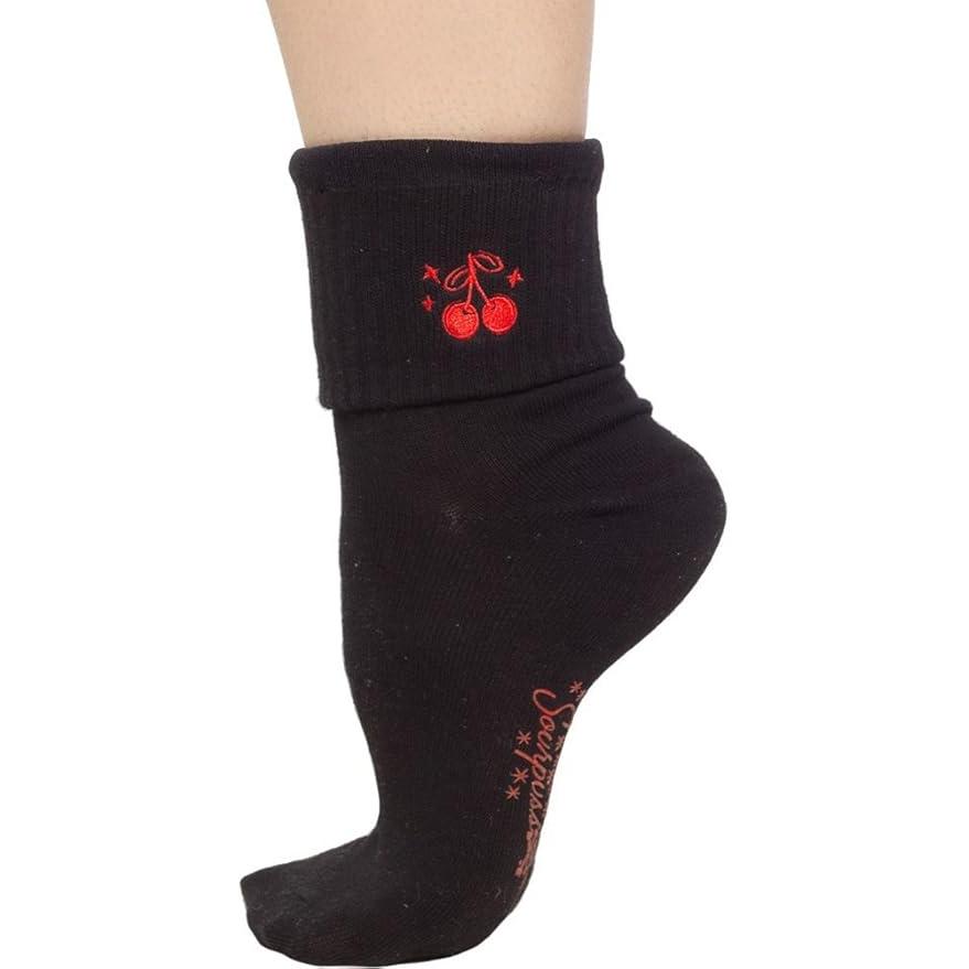 Sourpuss Cherries Socks in Set of Two | Women’s Black & White Striped and Solid Black Cherry Socks Size 5-10