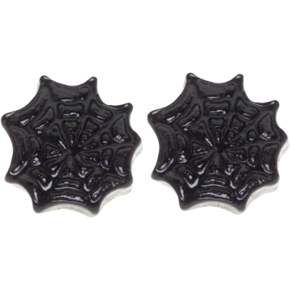 Black spiderweb-shaped earrings on a white background