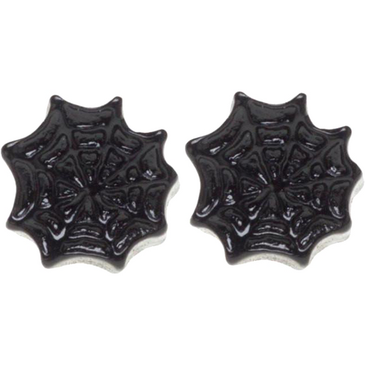 Black spiderweb-shaped earrings on a white background