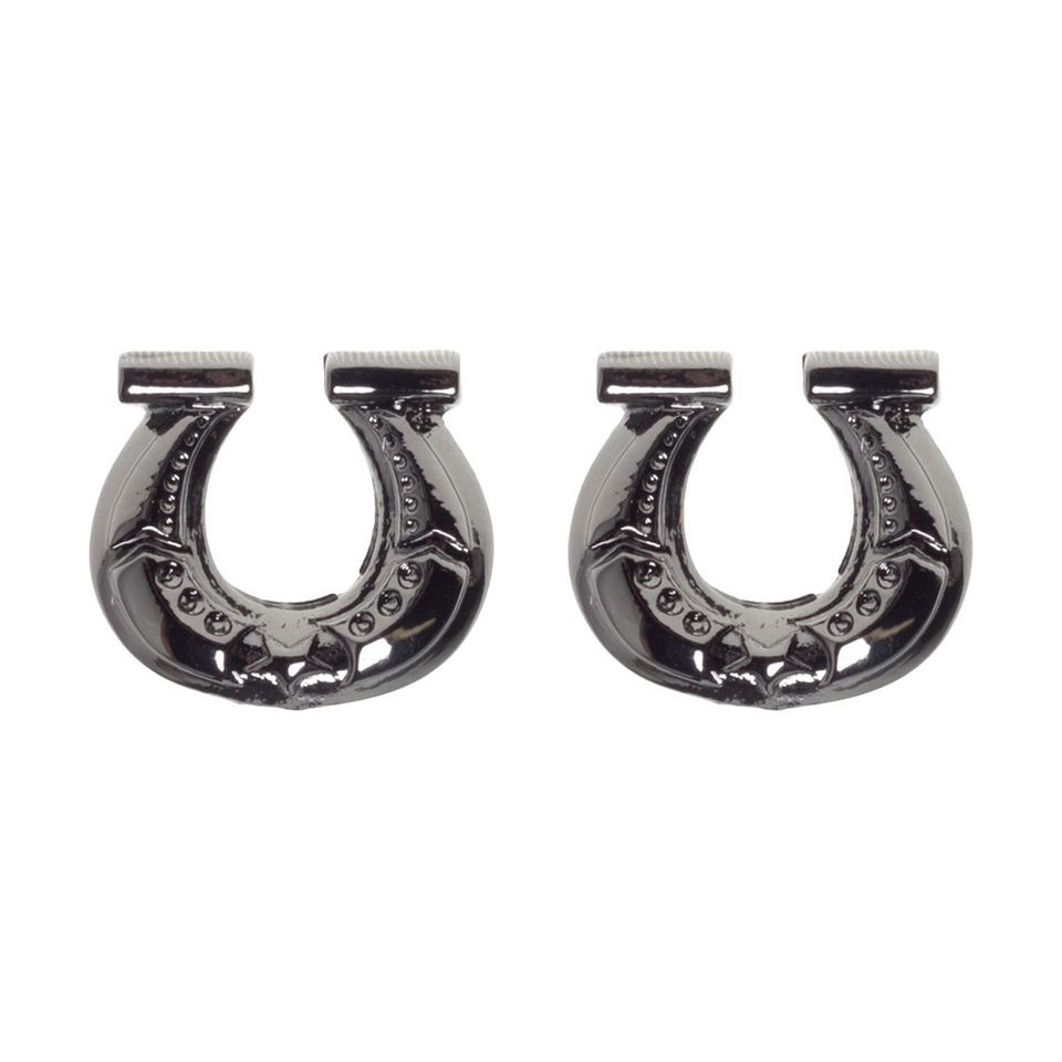 Two silver horseshoe-shaped earrings on a white background