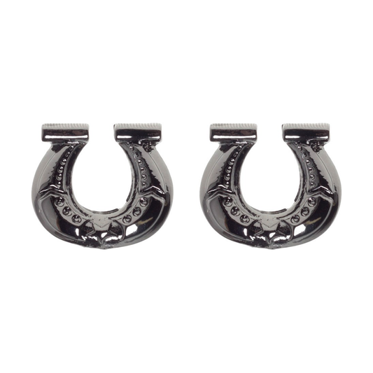 Two silver horseshoe-shaped earrings on a white background