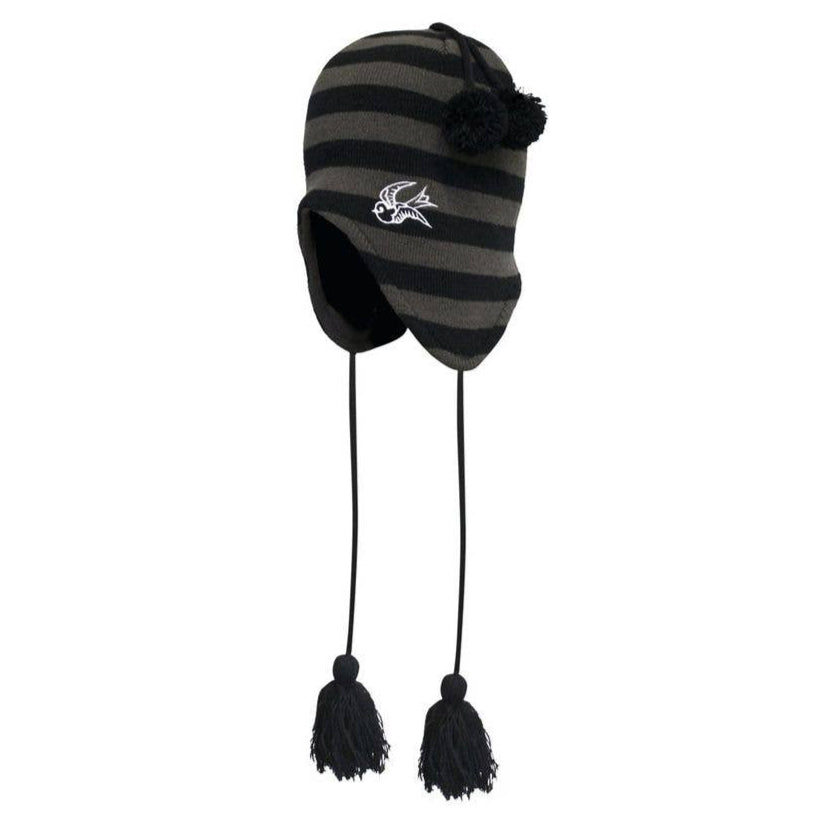 Black and gray striped beanie with pom-poms on a white background