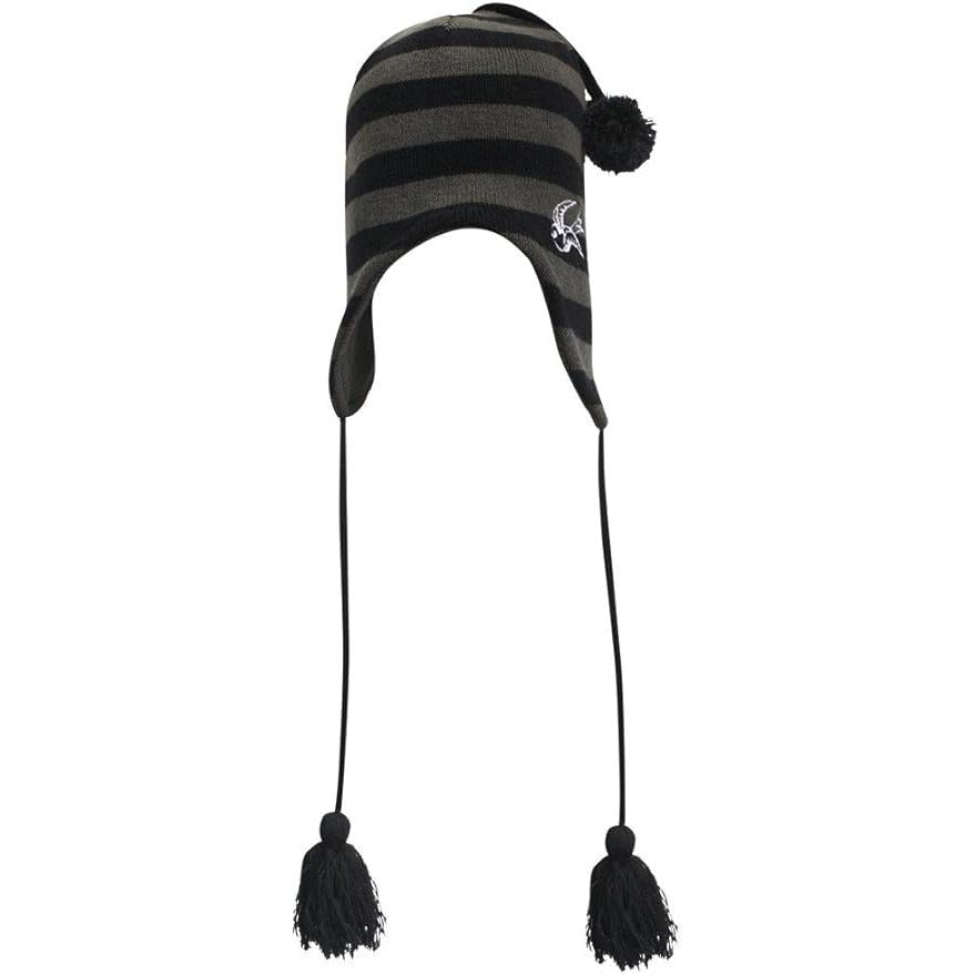 Black and gray striped beanie with pom-pom and tassels on a white background