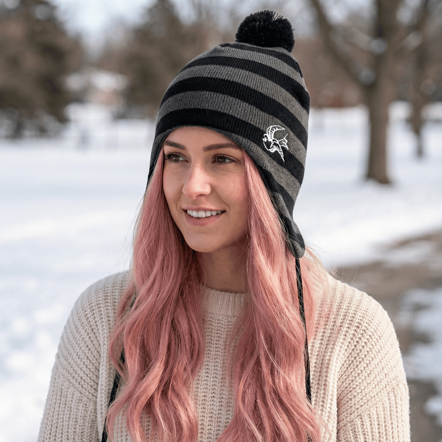 Sourpuss Gray & Black Striped Trapper Hat with Pom Poms | Knit Sparrow Embroidery Winter Cap