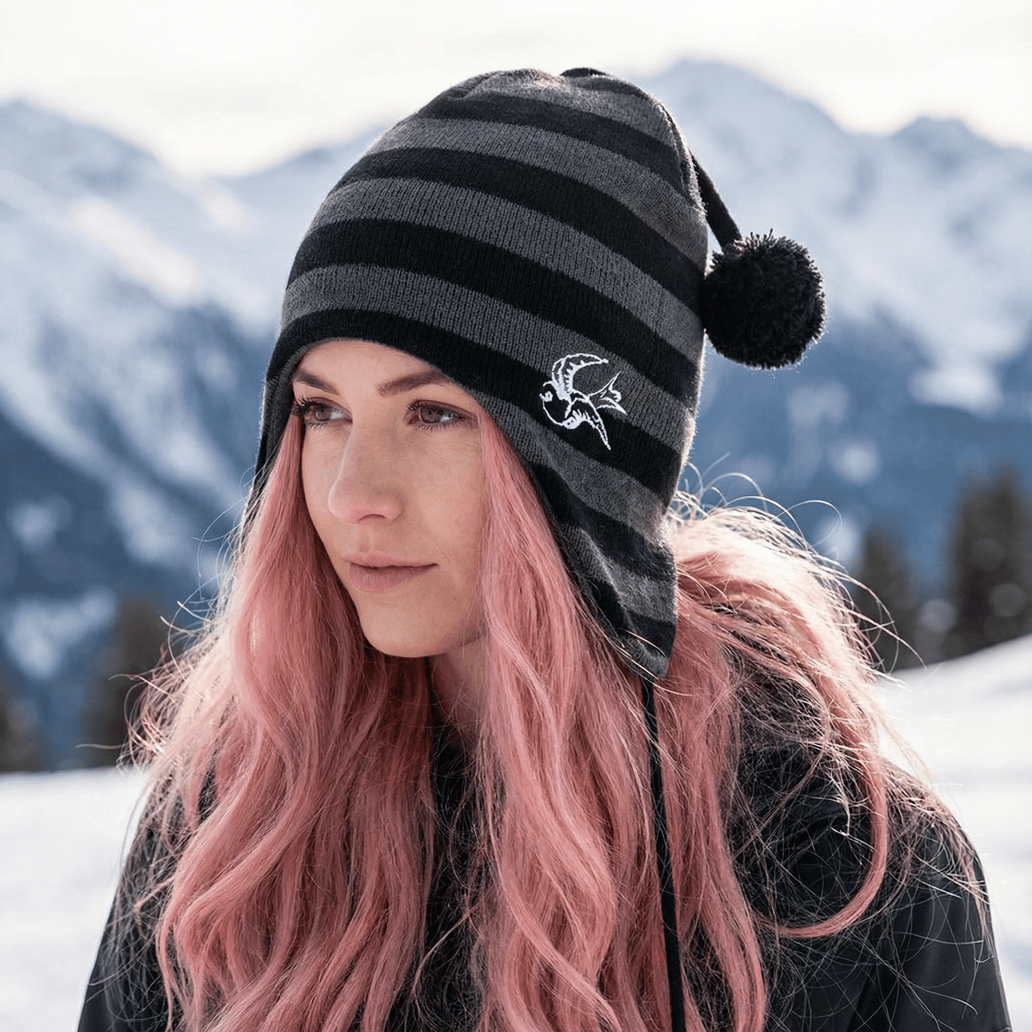 Sourpuss Gray & Black Striped Trapper Hat with Pom Poms | Knit Sparrow Embroidery Winter Cap