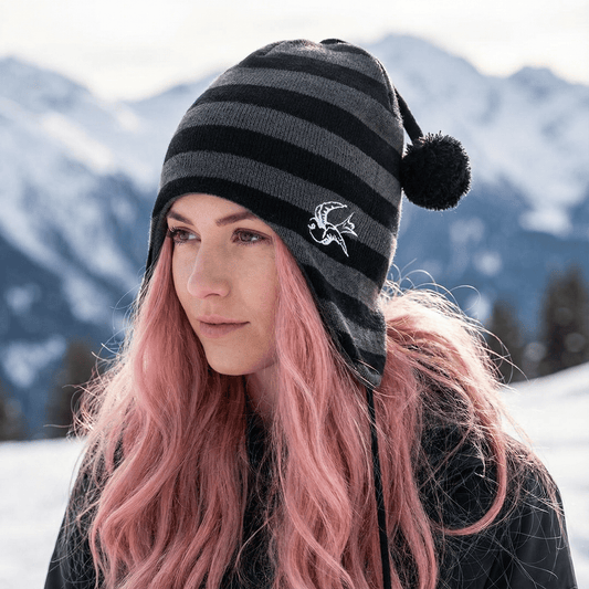 Sourpuss Gray & Black Striped Trapper Hat with Pom Poms | Knit Sparrow Embroidery Winter Cap