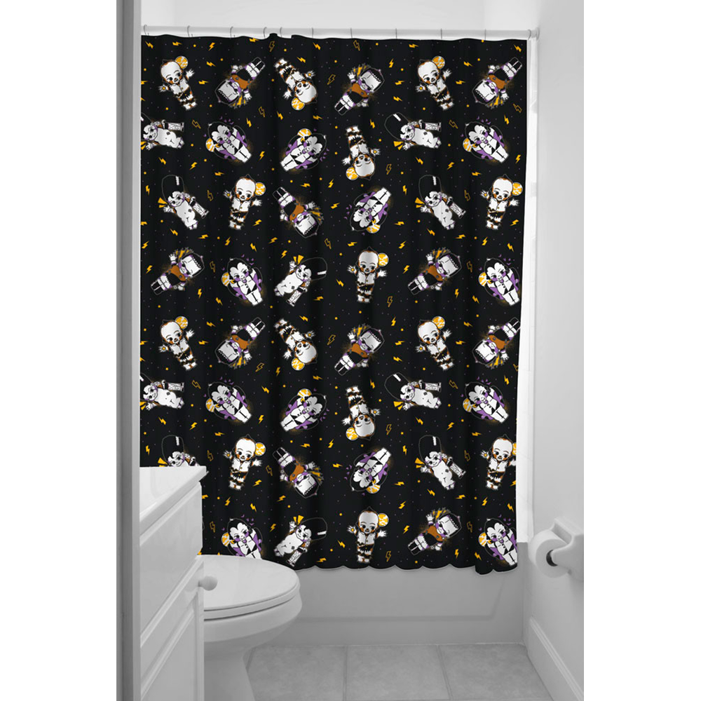 Sourpuss Kewpie Monsters Shower Curtain | Frankenstein Dracula Werewolf Polyester Bathroom Decor