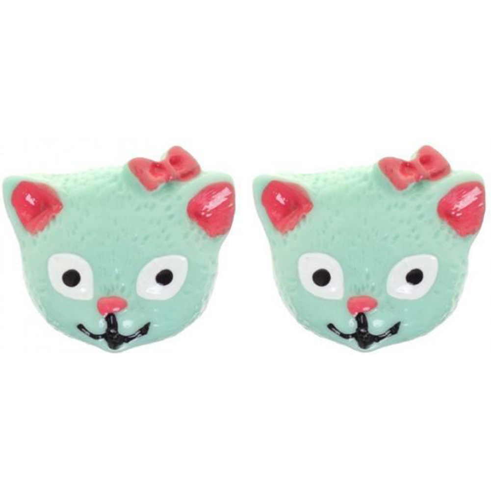 Sourpuss Mint Green Cat Stud Earrings | Retro 1950s Kitty Resin Earrings