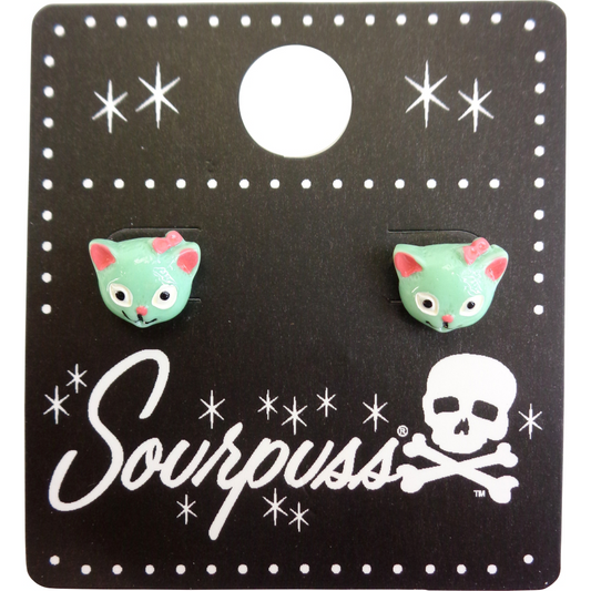 Sourpuss Mint Green Cat Stud Earrings | Retro 1950s Kitty Resin Earrings