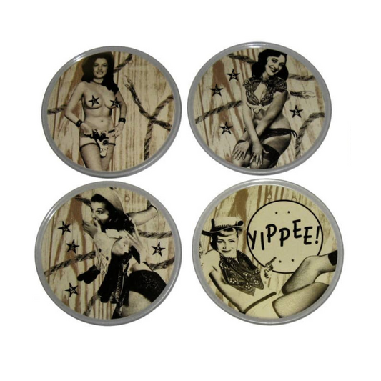 Set of four circular coasters with vintage-style images and text on a white background.